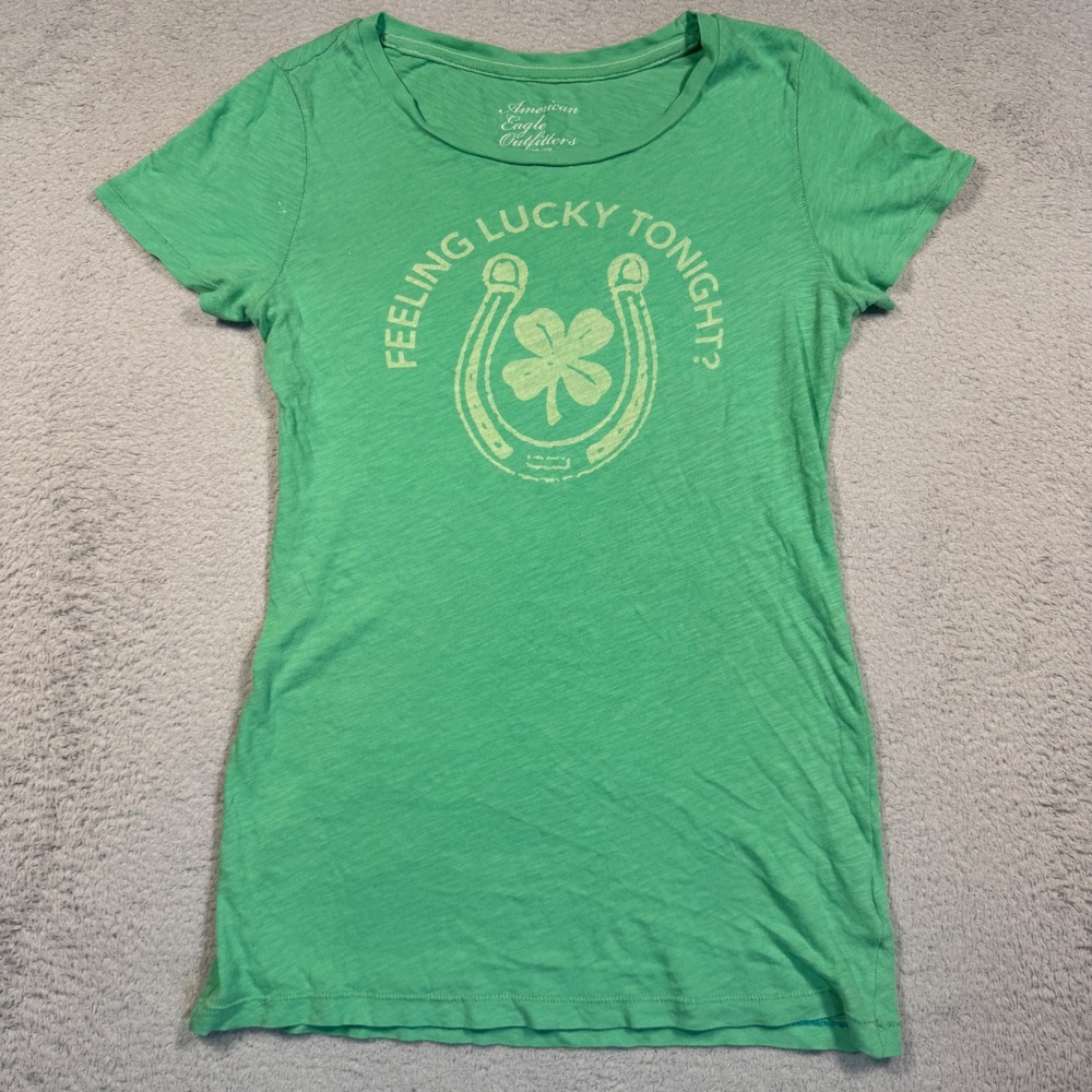 American Eagle Graphic Tee Womens XS Green Lucky Horseshoe Y2K Single Stitch